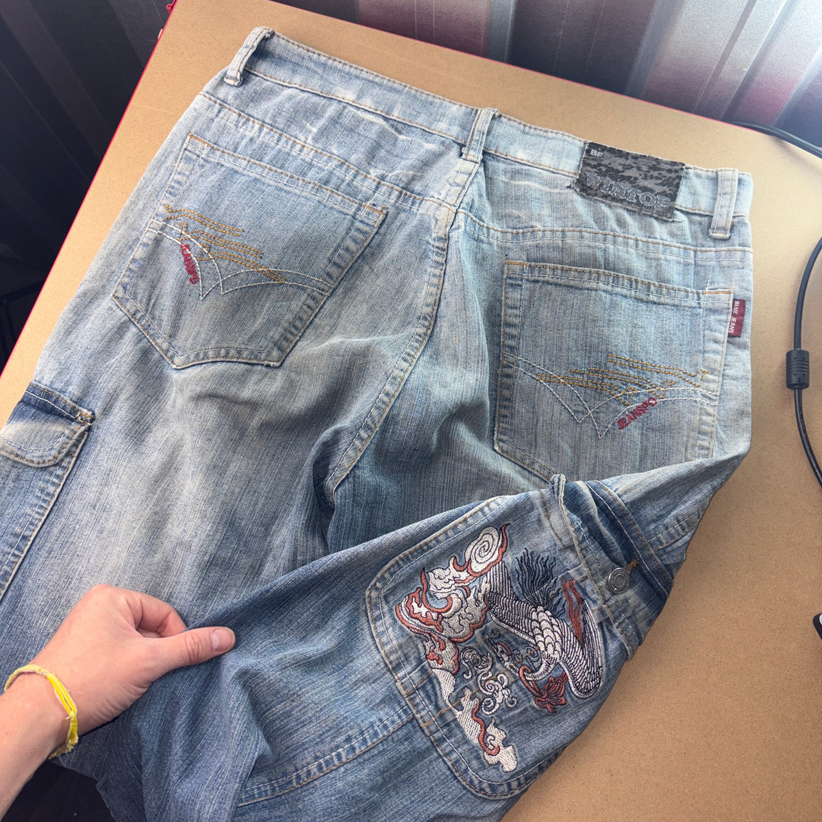 Embroidered Blue Cargo Japanese Denim Hip Hop Y2K Baggy Jeans - 32S