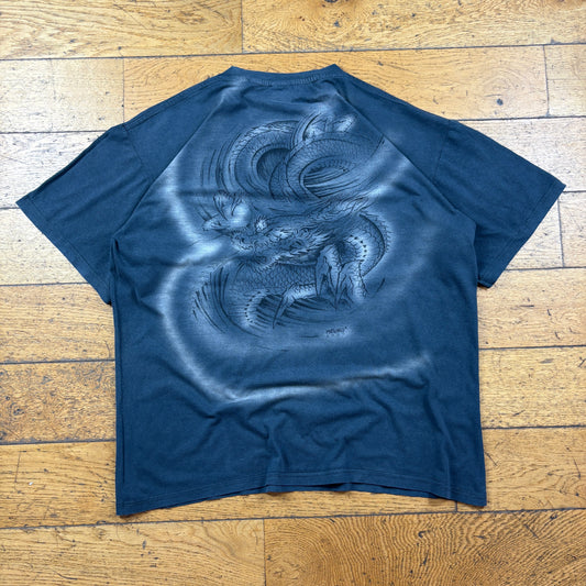 Vintage 90s Chinese Dragon Blue Grey Graphic T-Shirt - L
