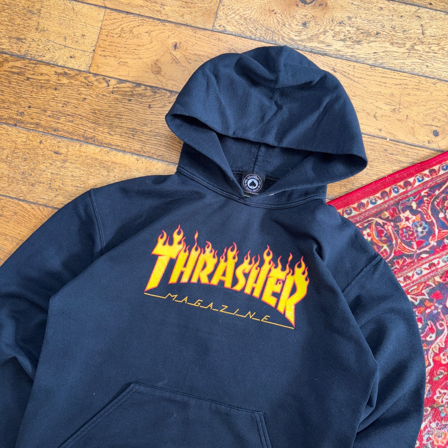Vintage Thrasher Black Flames Skate Hoodie Sweatshirt - M
