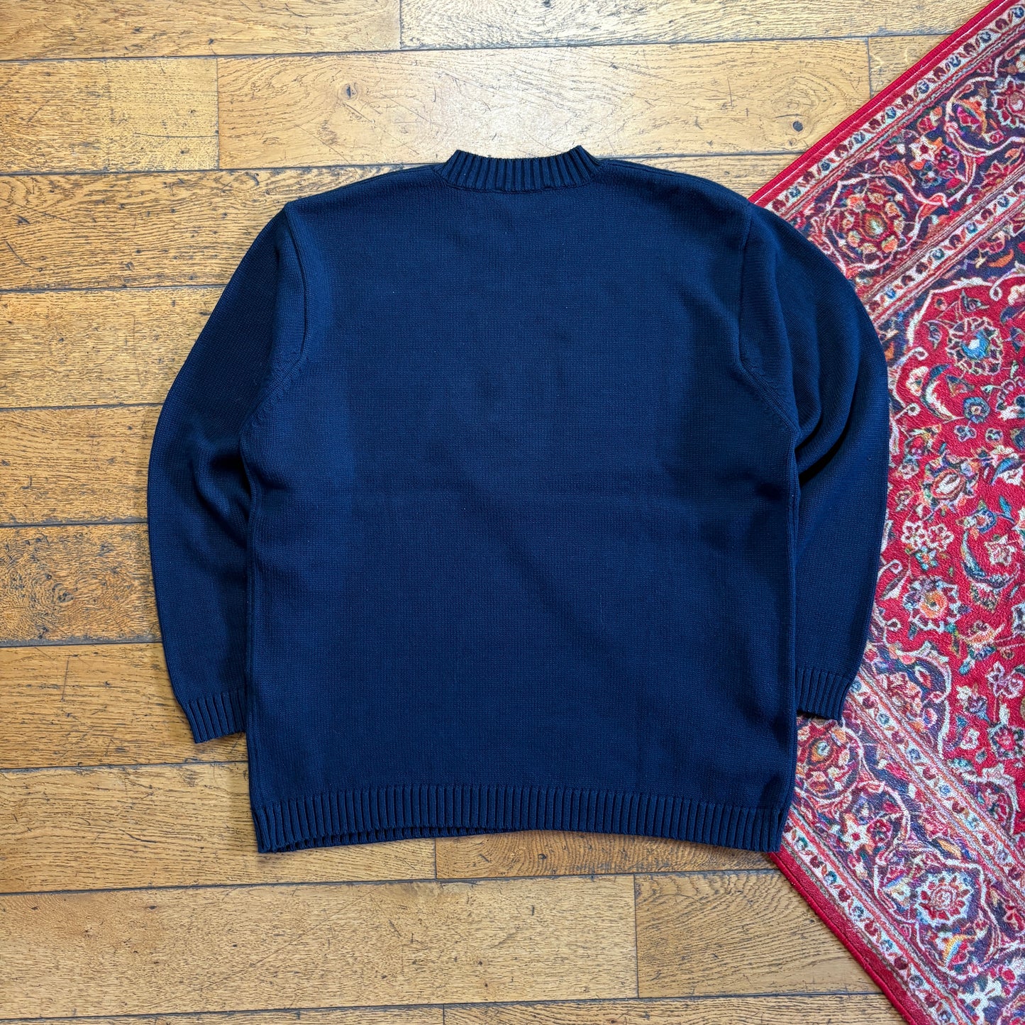 Vintage Navy Embroidered Flag Chunky Knit Jumper - L