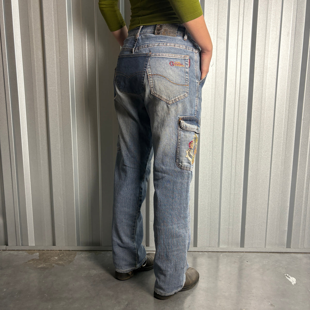 Embroidered Koi Fish Blue Cargo Japanese Denim Hip Hop Y2K Baggy Jeans - 30S