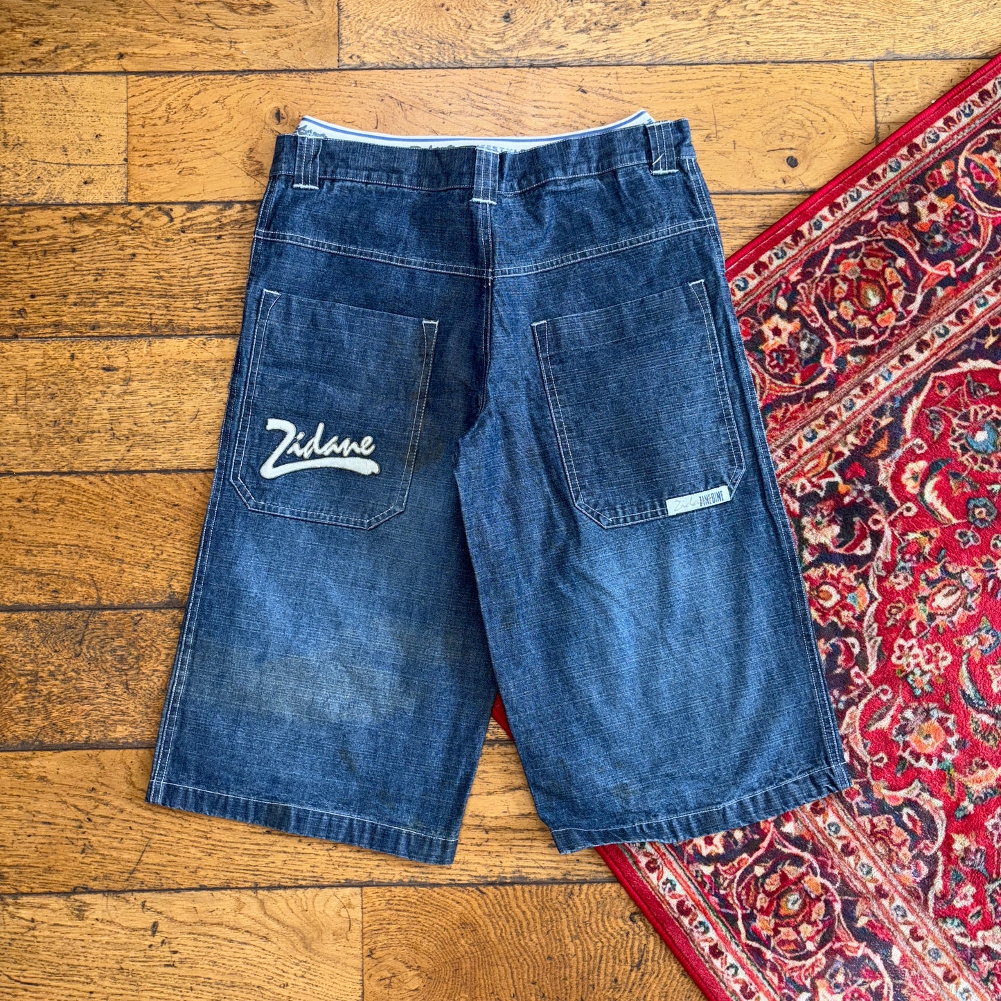 Vintage Zinedine Zidane Y2K Embroidered Hip Hop Blue Baggy Shorts Jorts - 28