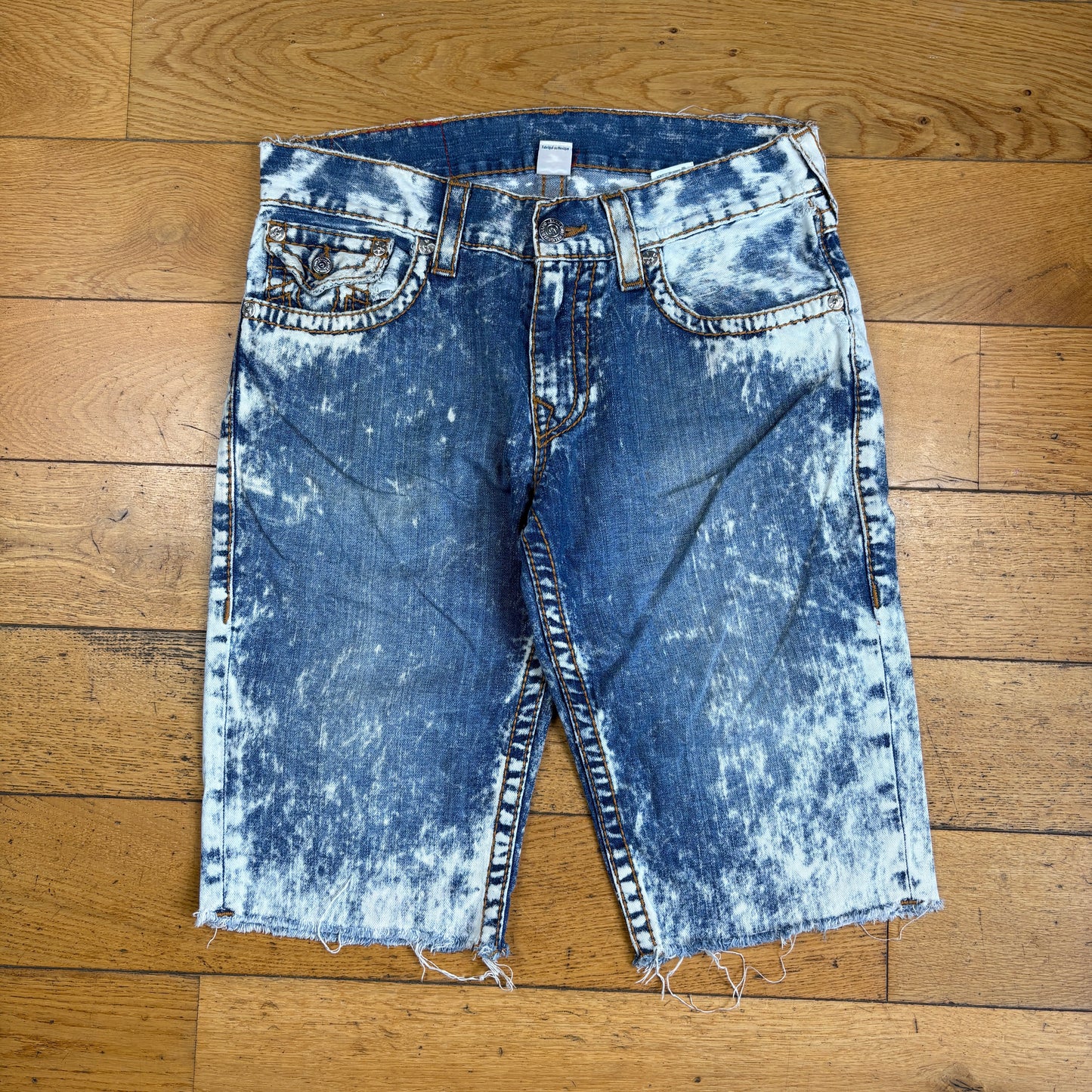 Vintage True Religion Blue Bleached Embroidered Y2K Shorts Jorts - 34