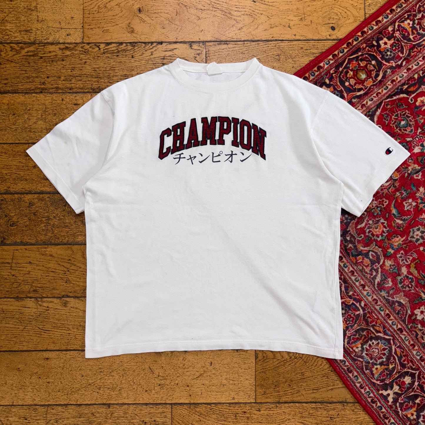Vintage Champion White Embroidered Spellout Boxy Graphic T-Shirt - L