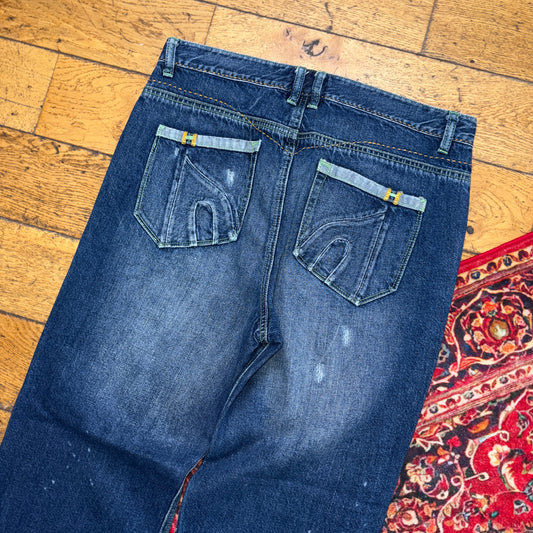 Vintage Blue Distressed Embroidered Y2K Hip Hop Bootcut Baggy Jeans - 36R