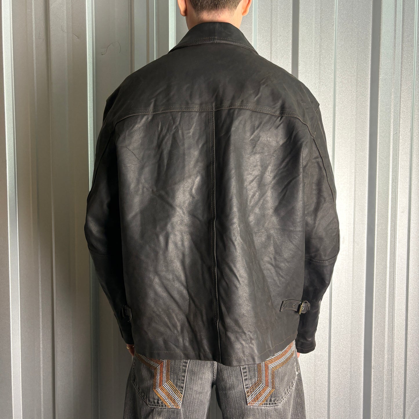 Vintage Dark Brown Leather Biker Jacket - XL