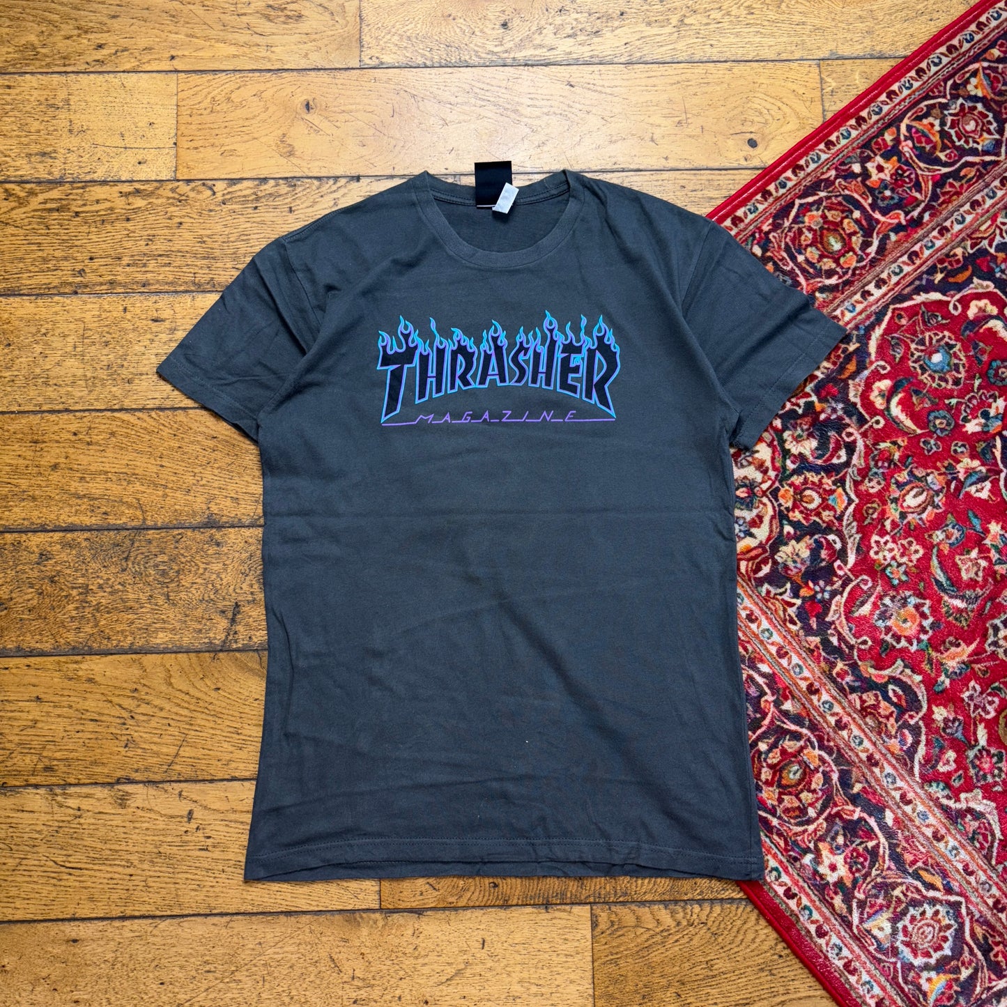 Vintage Thrasher Grey Skate Flames Graphic T-Shirt - XS