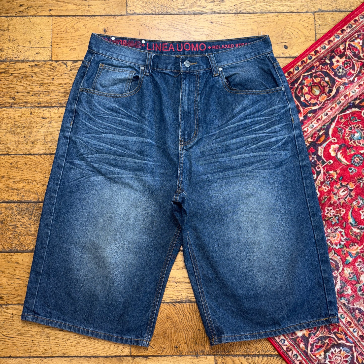 Vintage Blue Embroidered Y2K Hip Hop Baggy Jeans Shorts Jorts - 38