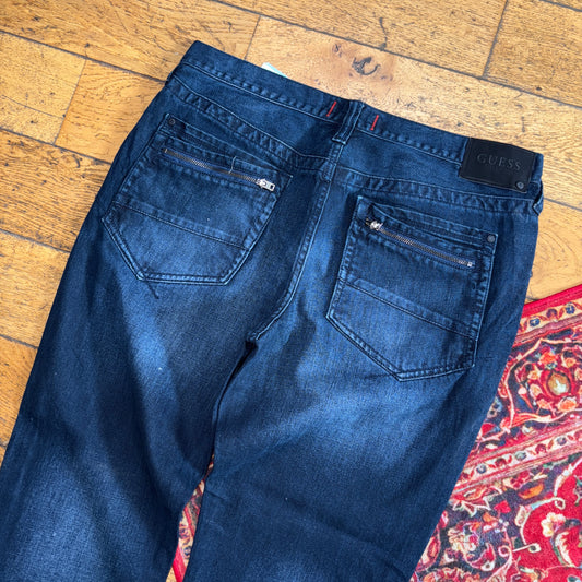 Vintage Guess Navy Blue Embroidered Y2K Hip Hop Straight Jeans - 36R