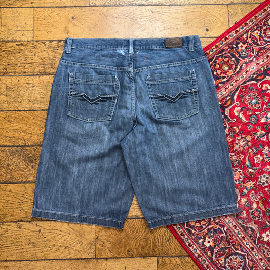 Vintage Urban Blue Embroidered Y2K Hip Hop Baggy Jeans Shorts Jorts - 38