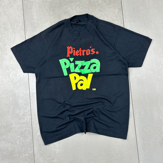 Vintage 90s Single Stitch Pizza Graphic Black T-Shirt - M
