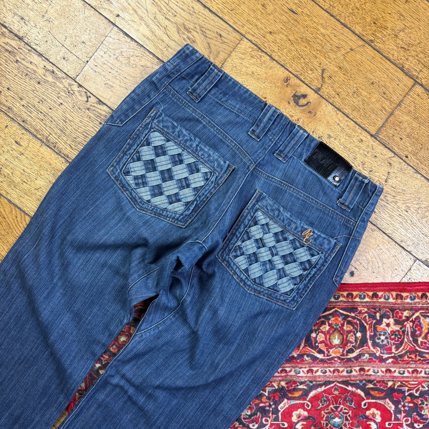 Vintage Blue Embroidered Y2K Hip Hop Baggy Jeans - 36