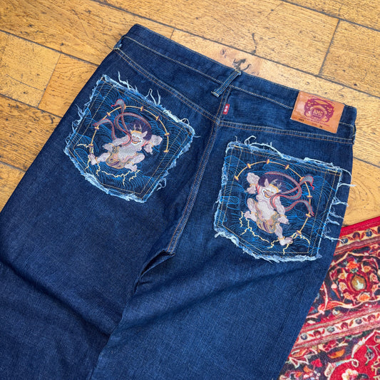 Vintage RMC Japanese Navy Blue Embroidered Y2K Hip Hop Baggy Jeans - 38L