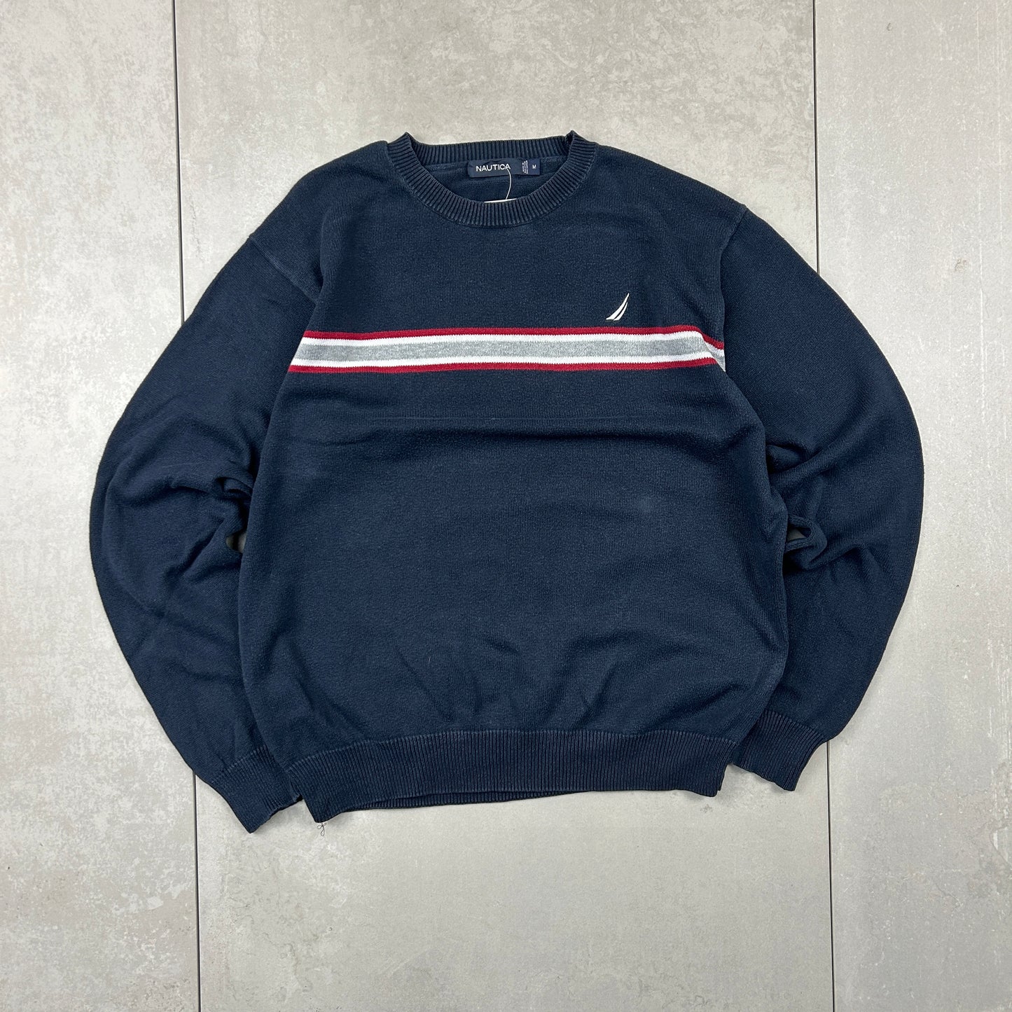 Vintage Nautica Striped Navy Chunky Knit Jumper - M