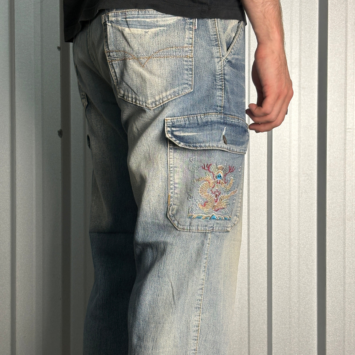 Embroidered Blue Cargo Japanese Denim Hip Hop Y2K Baggy Jeans - 34S