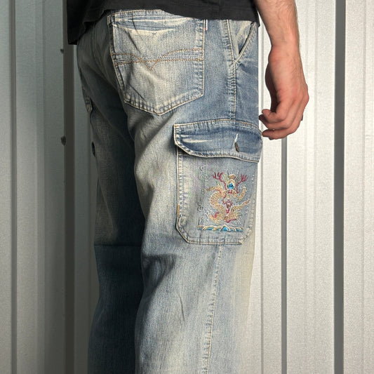 Embroidered Blue Cargo Japanese Denim Hip Hop Y2K Baggy Jeans - 34S