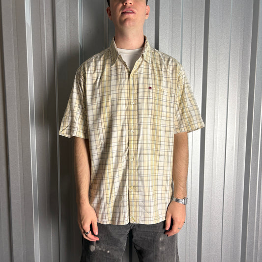 Vintage Quiksilver Cream Plaid Check Short Sleeve Surfwear Shirt - XL