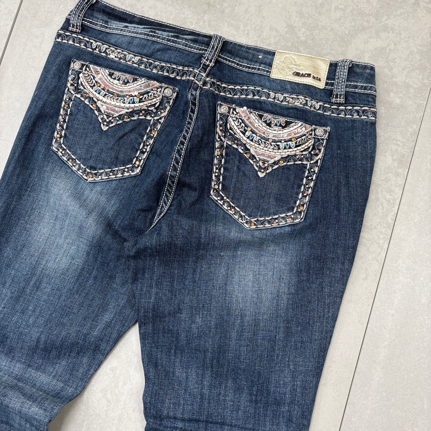Vintage Y2K Grace Rhinestone Embroidered Flared Bootcut Denim Jeans - Size 16