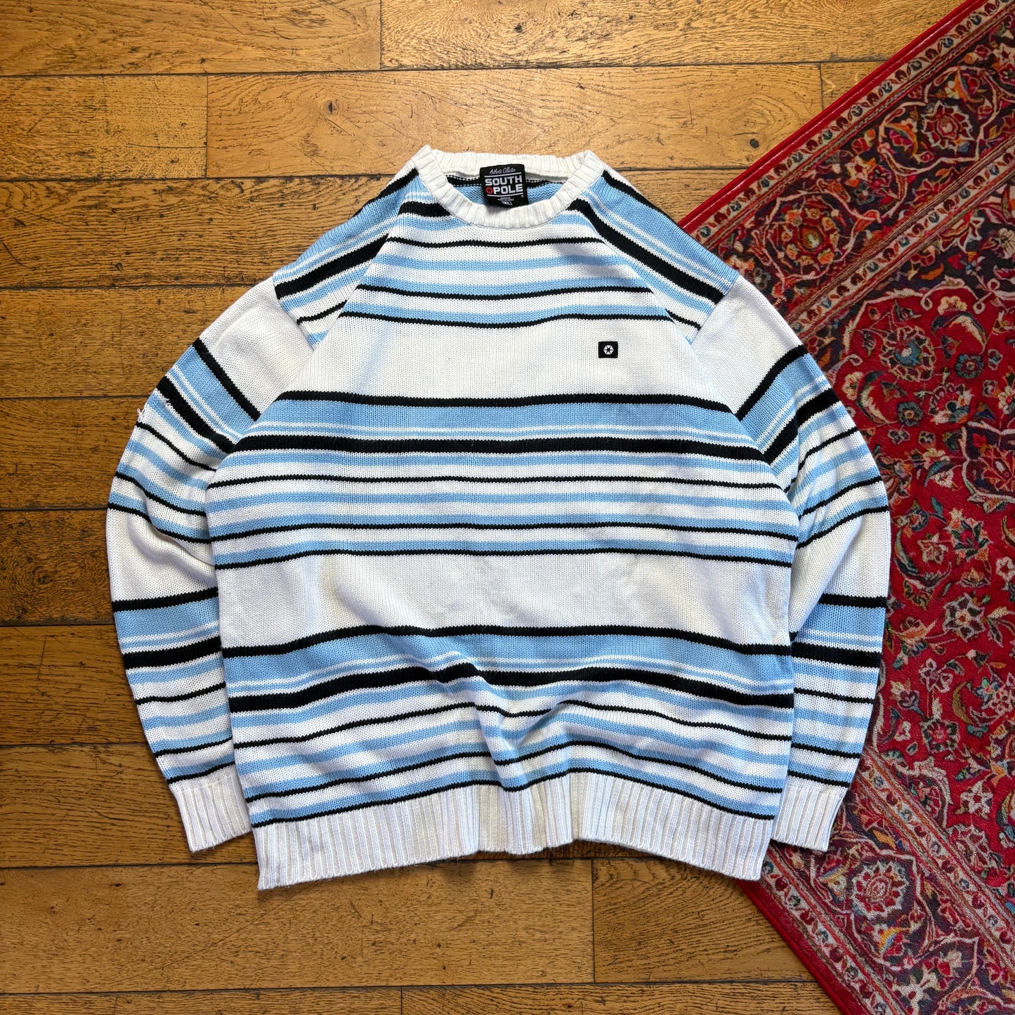Vintage Southpole Blue White Stripe Hip Hop Chunky Knit Jumper - XL