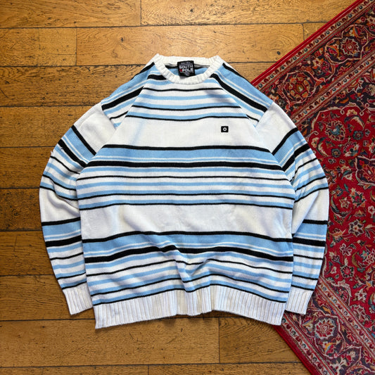 Vintage Southpole Blue White Stripe Hip Hop Chunky Knit Jumper - XL