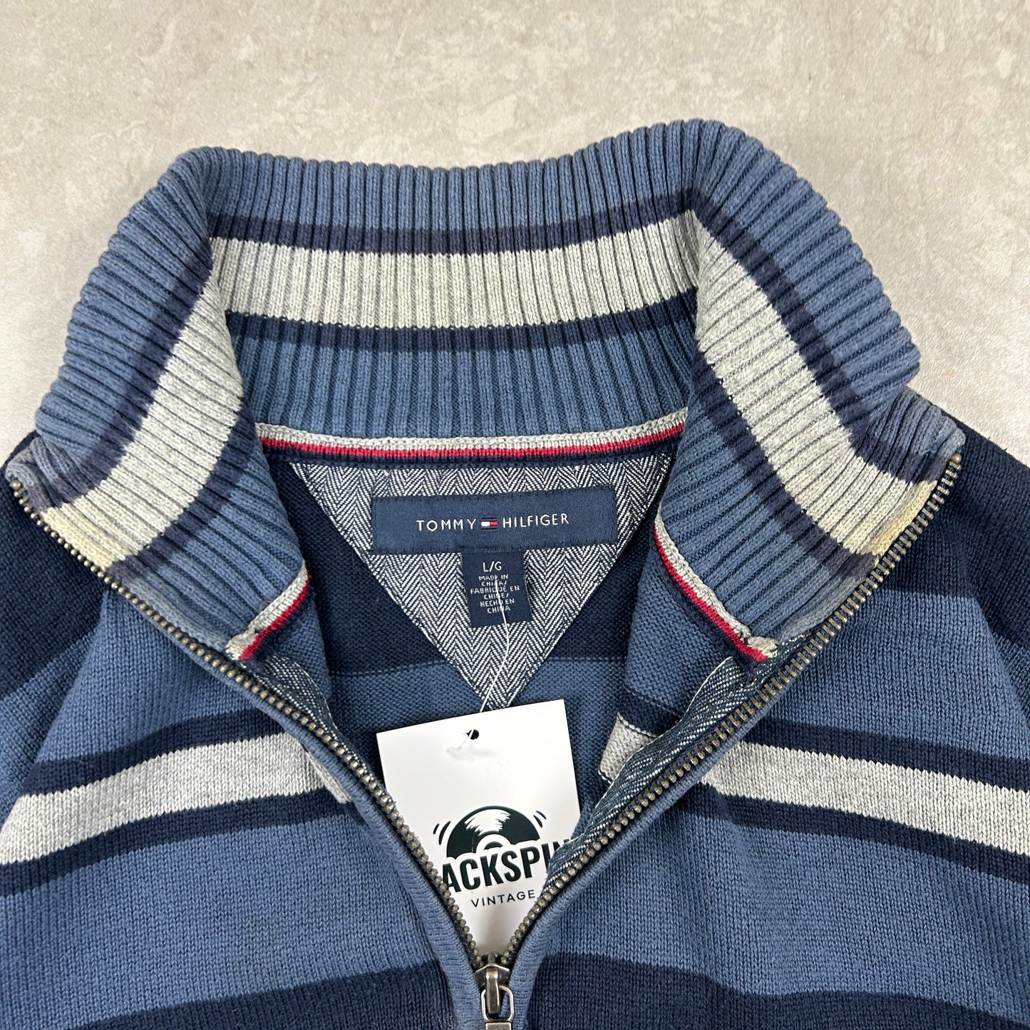 Vintage Tommy Hilfiger Striped Quarter Zip Chunky Knit Blue Jumper - L