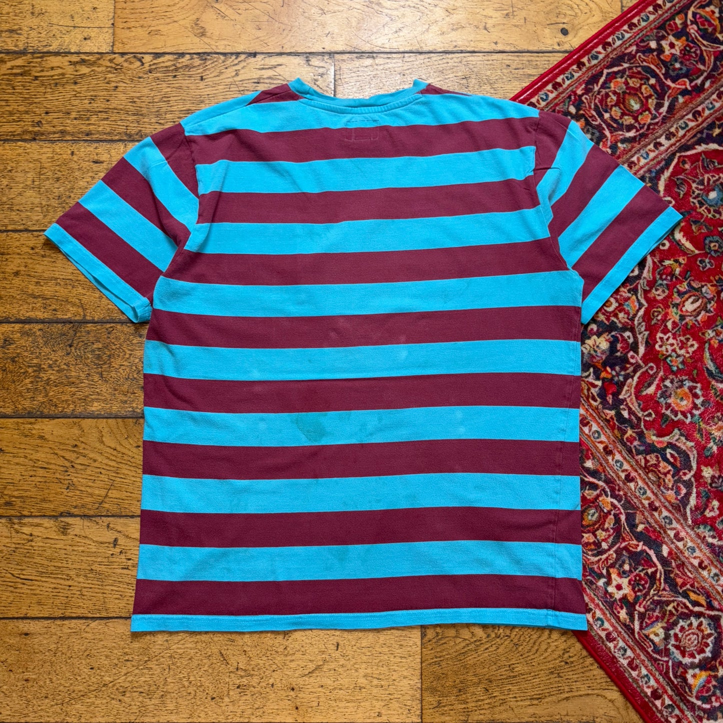 Vintage Stussy Blue Red Stripe Embroidered T-Shirt - L
