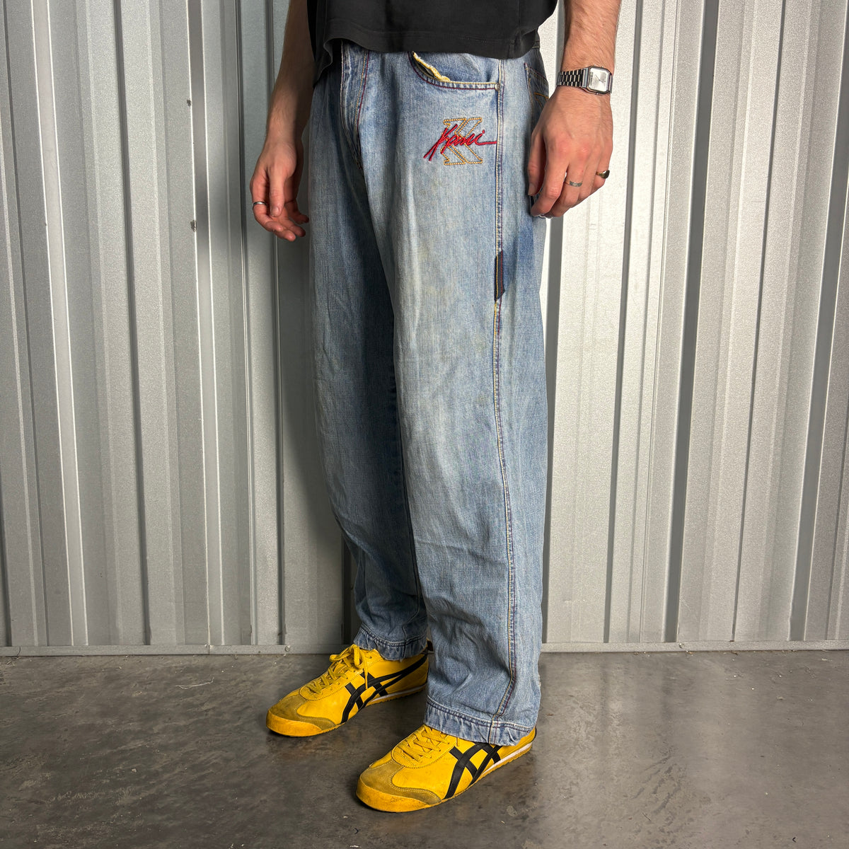 Karl Kani Blue Embroidered Japanese Denim Hip Hop Y2K Baggy Jeans - 34S