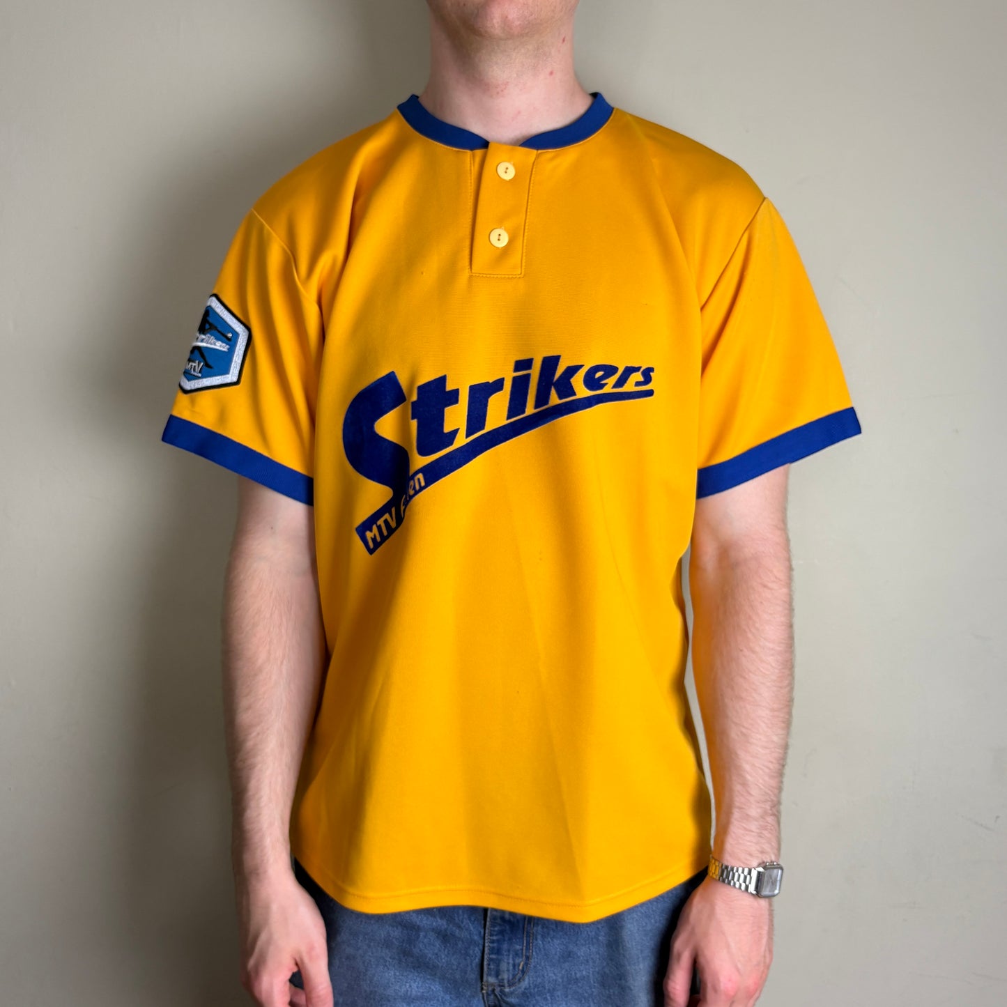 Vintage Yellow Strikers German Baseball Jersey Henley MLB Sports Shirt - L