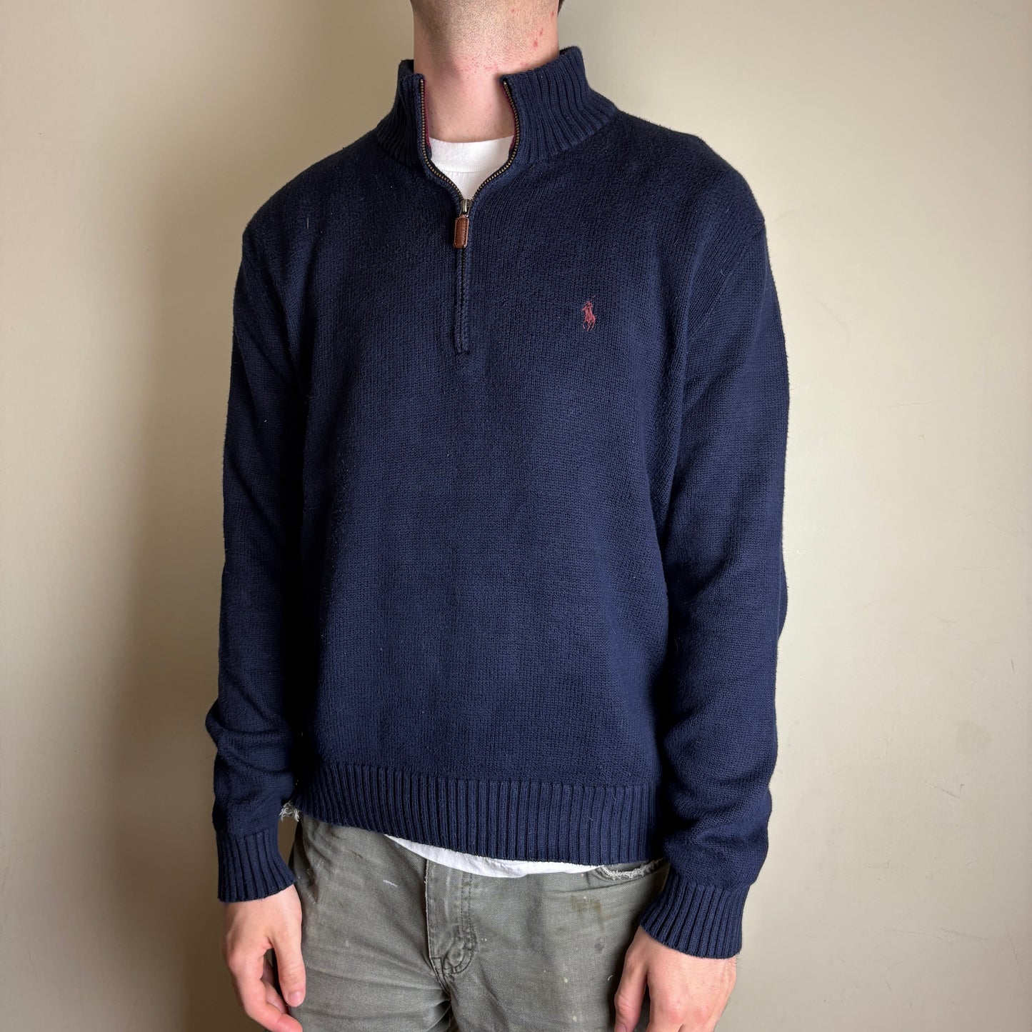 Vintage Ralph Lauren Navy Quarter Zip Chunky Knit Jumper - L
