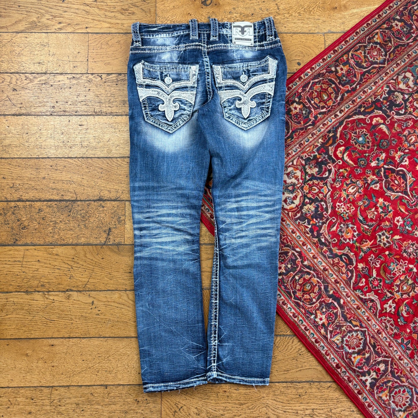 Vintage Rock Revival Blue Embroidered Y2K Hip Hop Slim Straight Jeans - 34