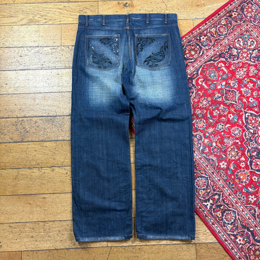 Vintage Blue Embroidered Y2K Hip Hop Baggy Jeans - 40