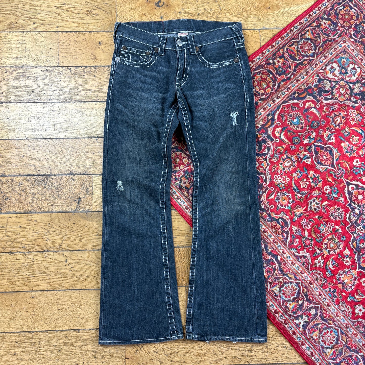 Vintage True Religion Black Embroidered Y2K Hip Hop Flared Bootcut Jeans - 34