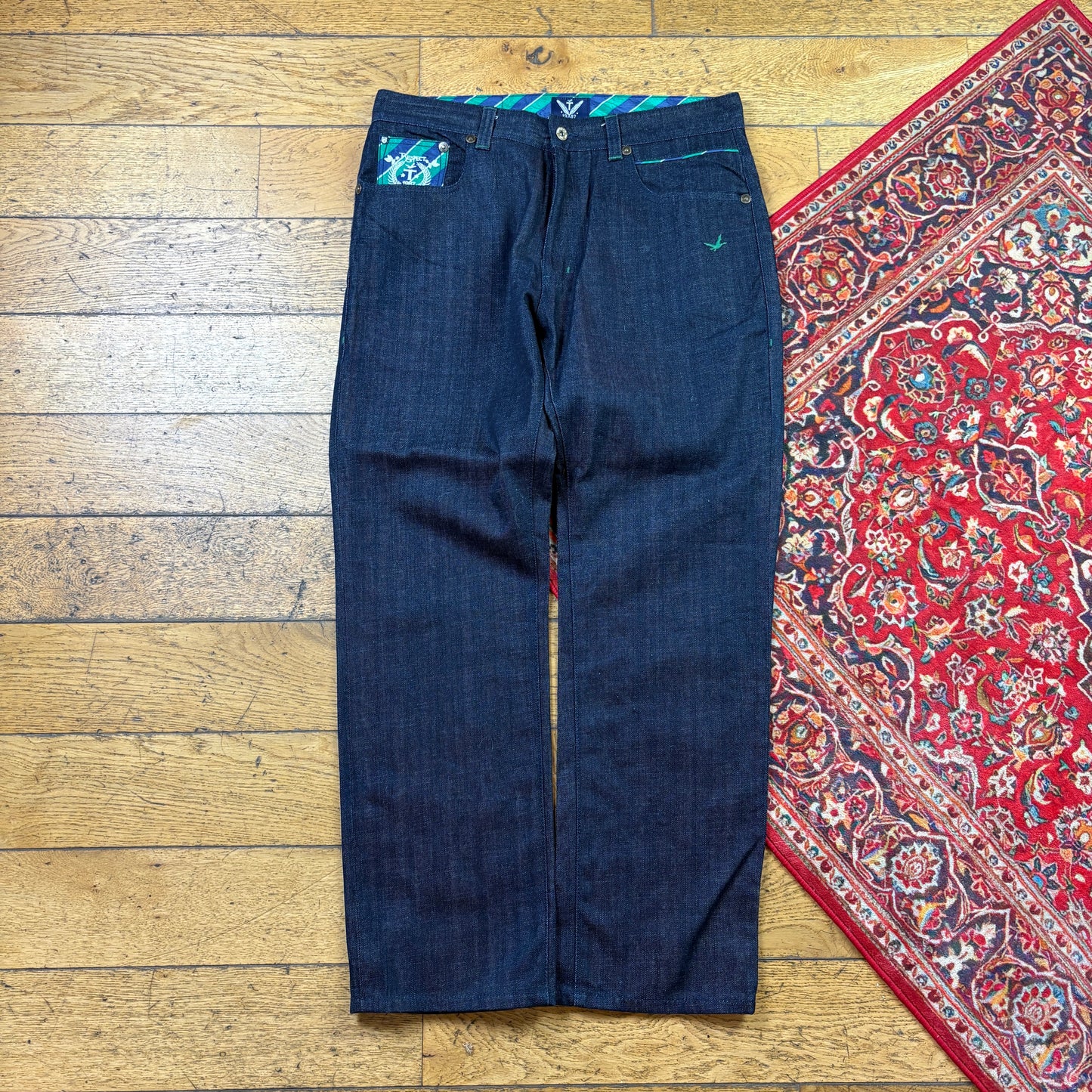 Vintage Raw Denim Blue Embroidered Y2K Hip Hop Baggy Jeans - 36