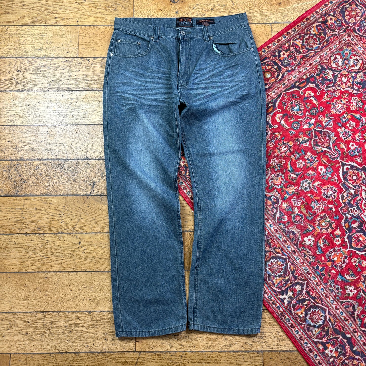 Vintage Blue Grey Y2K Hip Hop Straight Jeans - 38