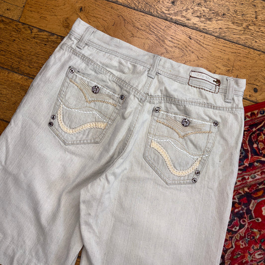 Vintage Embroidered Cream Hip Hop Baggy Shorts Jorts - 36