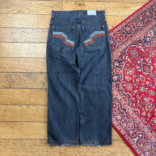 Vintage Dtek Faded Black Embroidered Y2K Hip Hop Baggy Jeans - 34