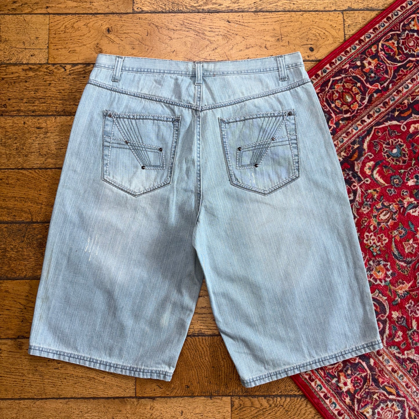 Vintage Route 66 Blue Embroidered Y2K Hip Hop Baggy Jeans Shorts Jorts - 38