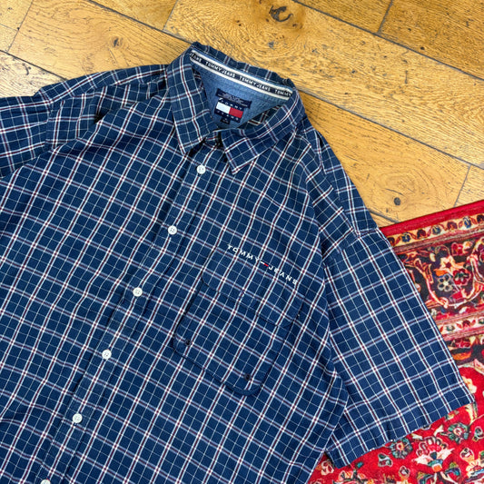 Vintage Tommy Jeans Hilfiger Navy Check Short Sleeve Boxy Embroidered Shirt - XL