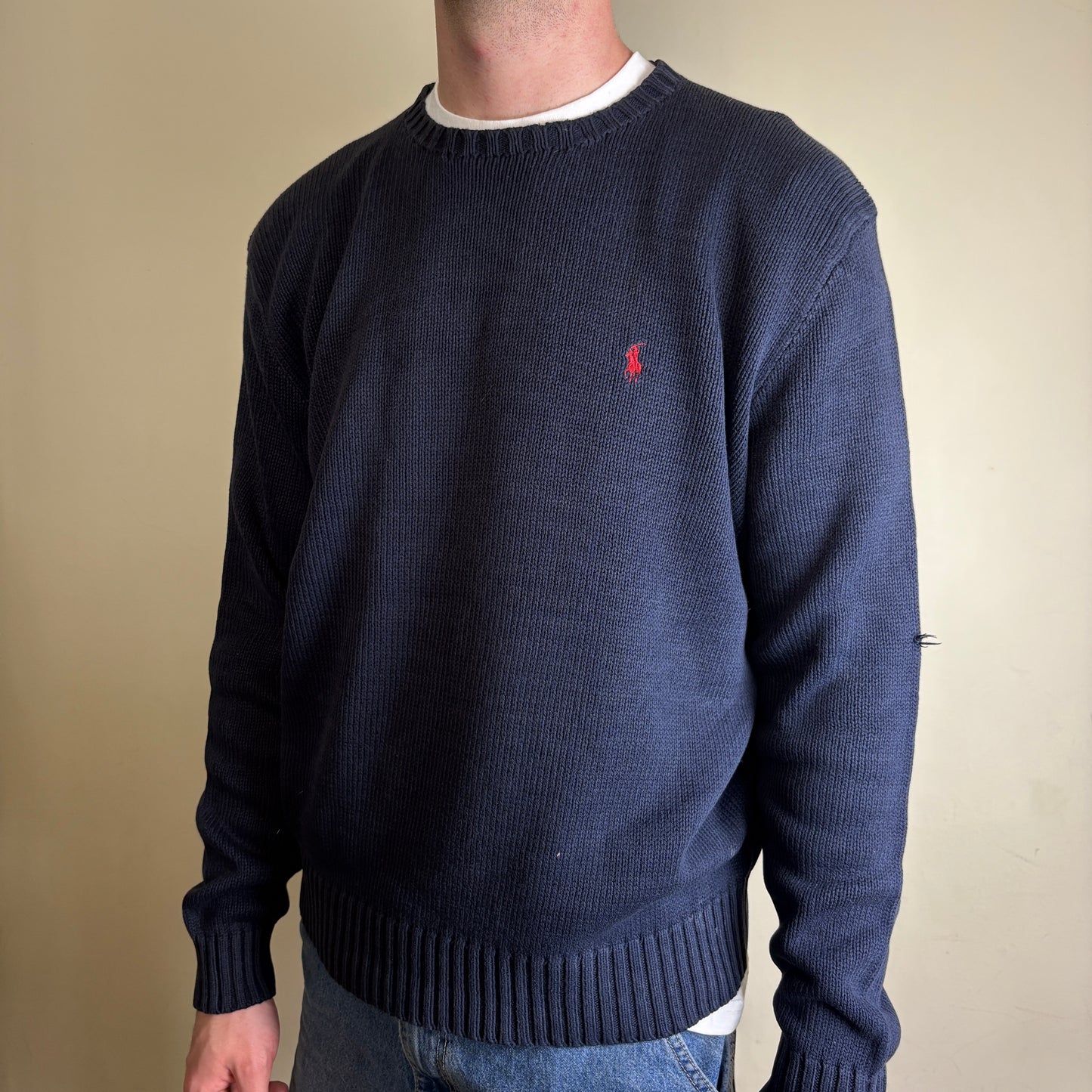 Vintage Ralph Lauren Crewneck Knit Navy Embroidered Sweatshirt - L