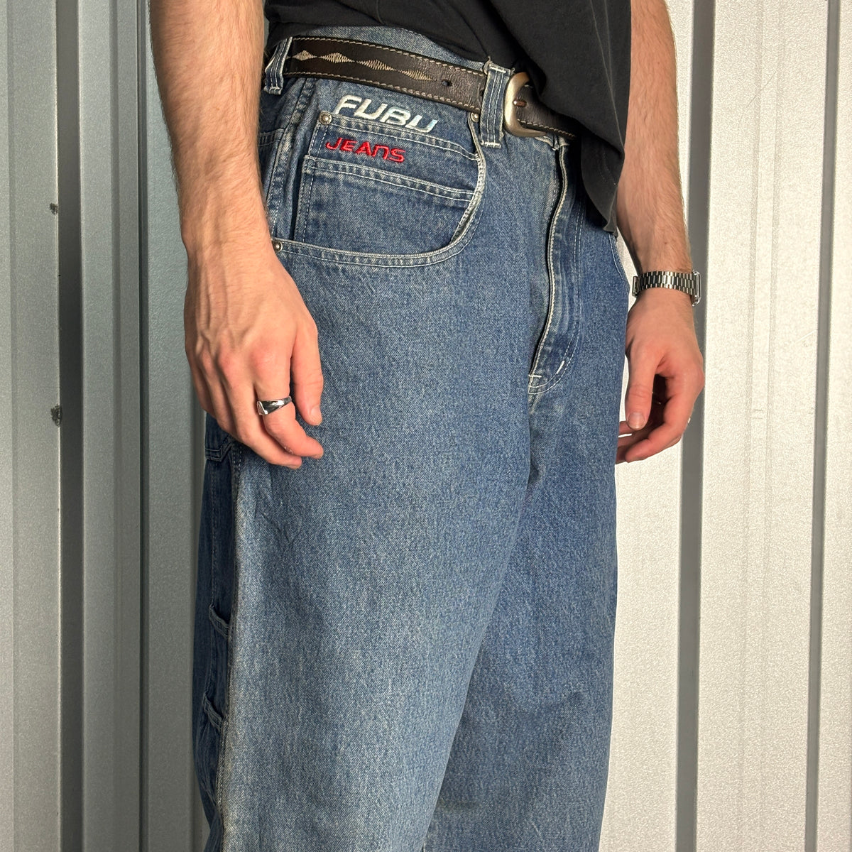 FUBU Blue Embroidered Carpenter Japanese Denim Hip Hop Y2K Baggy Jeans - 36L