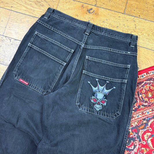 Vintage JNCO Tribal Skulls Black Embroidered Y2K Hip Hop Baggy Jeans - 34
