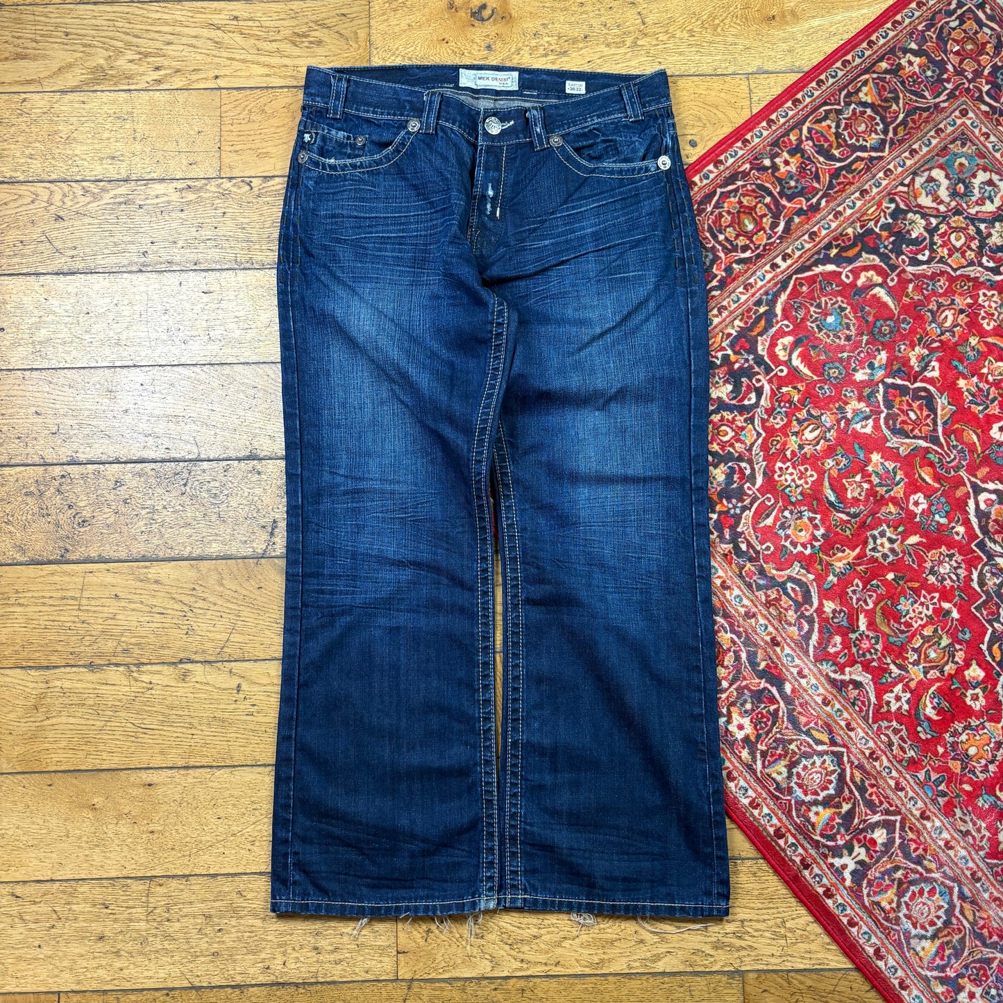 Vintage Mek Blue Embroidered Y2K Hip Hop Baggy Jeans - 38