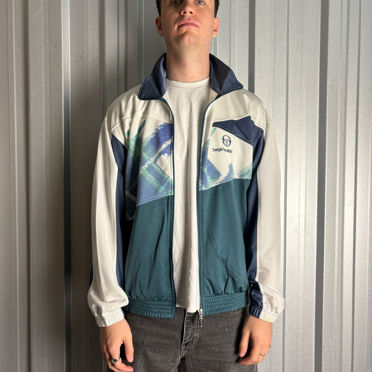 Vintage Sergio Tacchini 90s Blue White Tracksuit Track Shell Jacket - L
