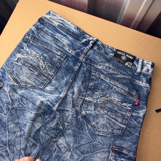 Embroidered Blue Acid Wash Grunge Japanese Denim Hip Hop Y2K Baggy Jeans - 34S