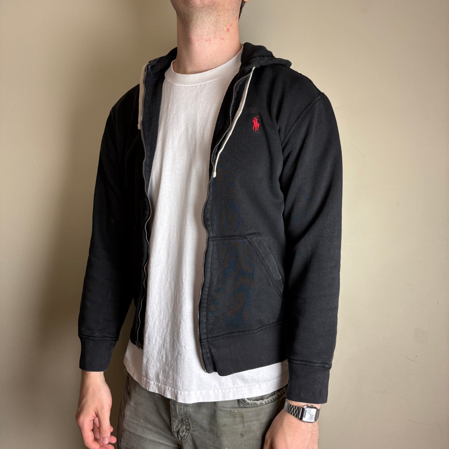 Vintage Ralph Lauren Black Hoodie Zip Embroidered Sweatshirt - M