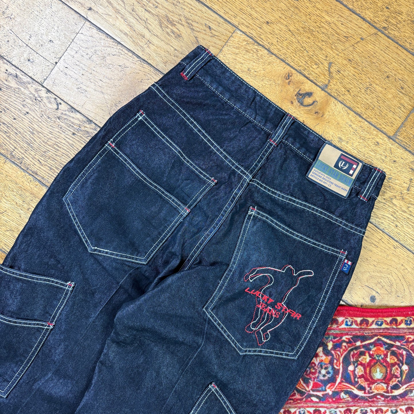 Vintage Black Contrast Stitch Embroidered Y2K Hip Hop Jeans - 28