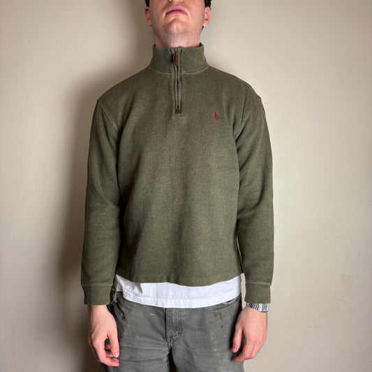 Vintage Ralph Lauren Green Khaki Quarter Zip Knit Jumper - M