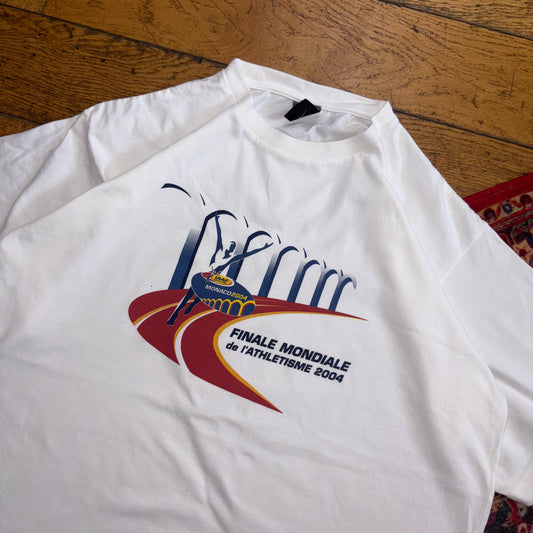 Vintage 2004 Nike Marathon Running White Athletics Swoosh Graphic T-Shirt - XL
