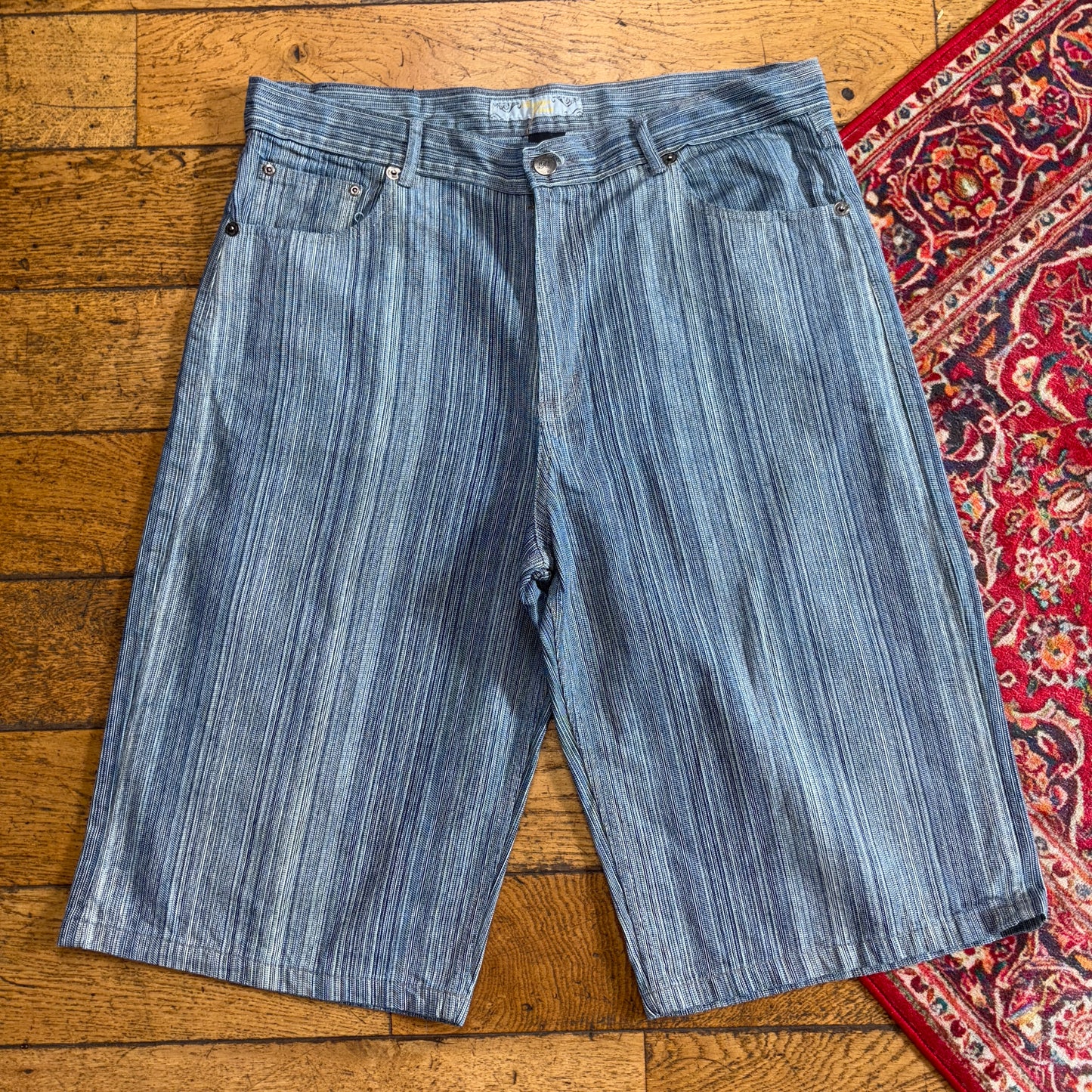 Vintage Brooklyn Express Blue Pinstripe Y2K Hip Hop Baggy Jeans Shorts Jorts -40