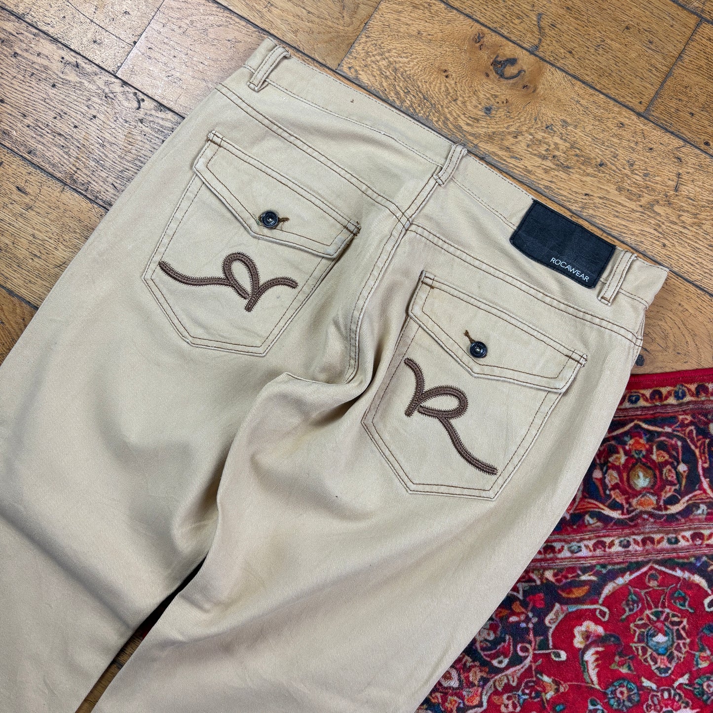 Vintage Rocawear Cream Embroidered Y2K Hip Hop Baggy Jeans - 38